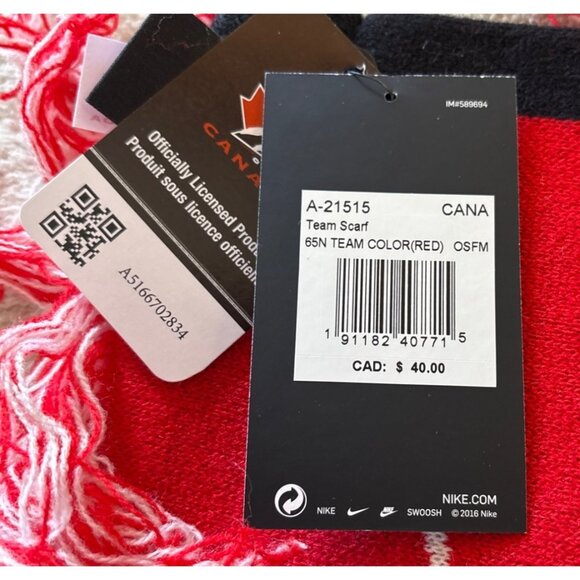 Nike Canada Team Scarf Red & White Knit 60" Fringe Reversible Molson New w/ Tags - Picture 11 of 12